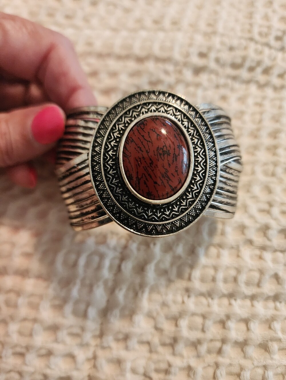 Handcrafted Silver-Tone Cuff Bracelet with Red Jasper Center Stone Large Wrist